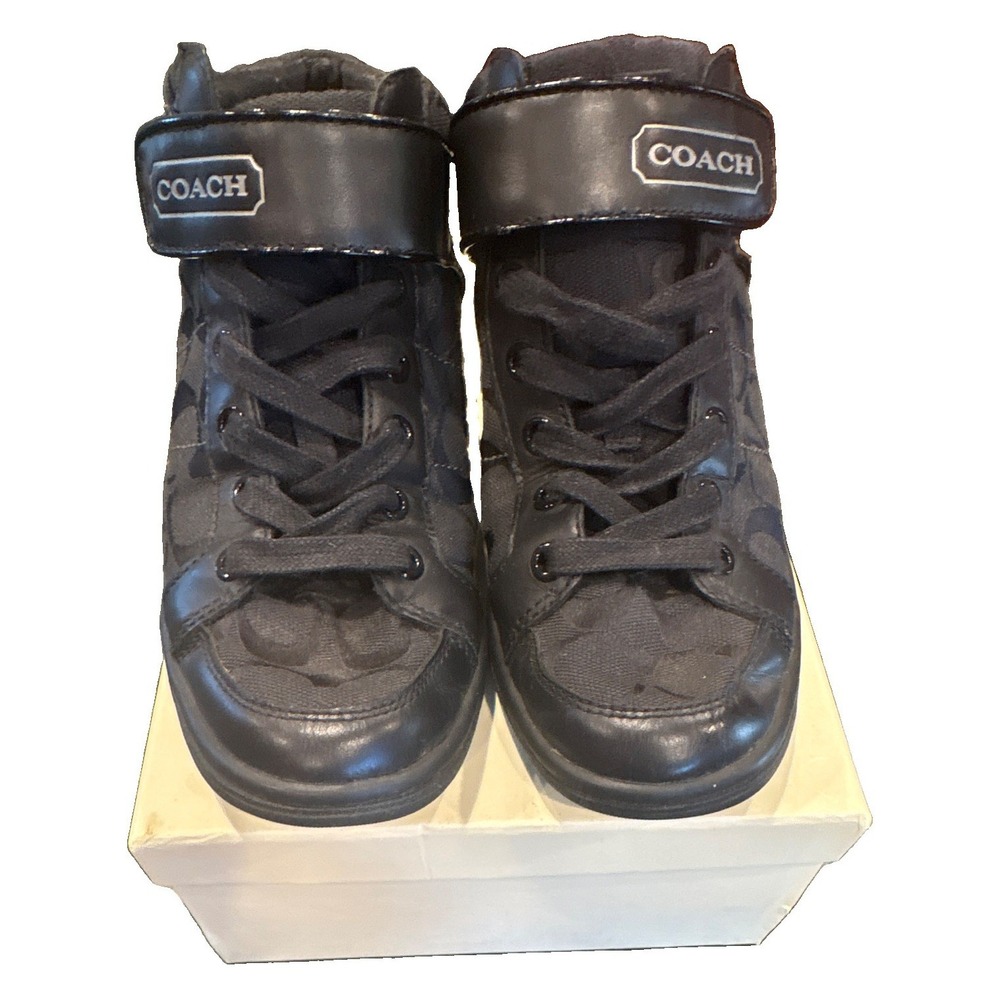 Coach Zoey Black Mid Top Sneakers A1216 Lace Up Signature Jacquard Womens 7